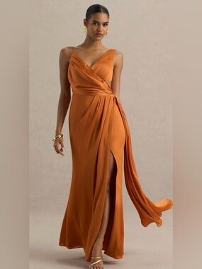 Elegant Rust Orange Wrap Gown with Side Slit